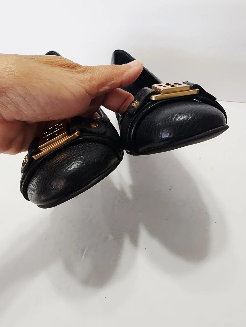 Tory Burch Black Leather Logo-Embellished Wedges Size 7.5